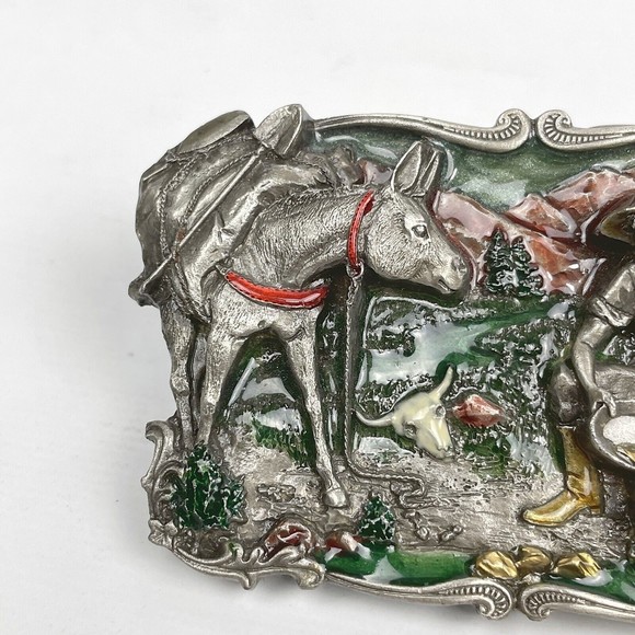 VTG 1981 Arroyo Grande Buckle Co. Gold Miner Mule Pewter 3D Enamel Belt Buckle - Picture 3 of 8